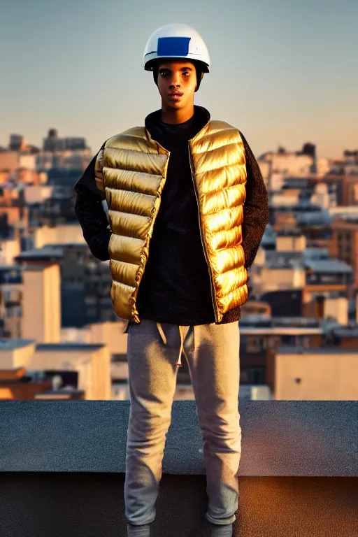 Image similar to un ultra high definition studio quality high fashion photographic portrait of a young man standing on the rooftop of an apartment building wearing all eclectic soft clothes and a reflective face shield. three point light. extremely detailed. golden hour, golden ratio, ray tracing, volumetric light, shallow depth of field. set dressed.