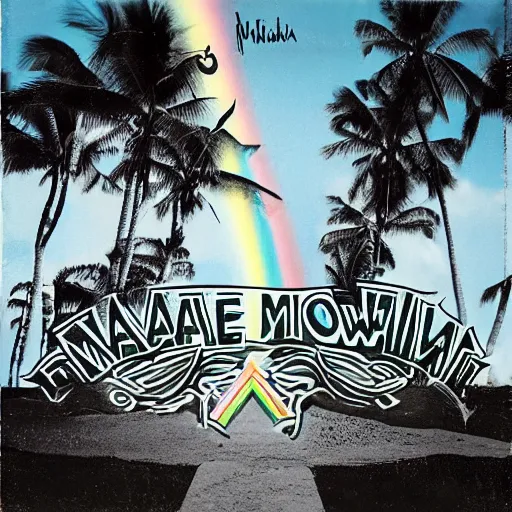 Image similar to miracle musical Hawaii part ii album cover, showing an ocean in the background, spiral transparent stairs on the left with tall palm trees behind it, a slight rainbow in the background, white outline border, moon in the right top area black and white except for the rainbow album cover