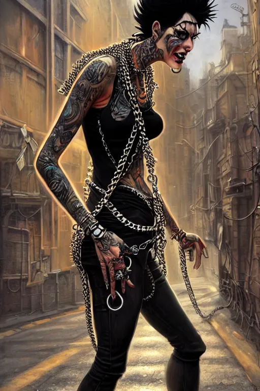 Image similar to fullbody potrait of punk rocker woman in street, woman is wearing chains, hyper realistic, intricate, elegant, highly detailed, digital painting, artstation, concept art, matte, sharp focus art by boris vallejo and greg rutkowski, smooth, sharp focus, illustration