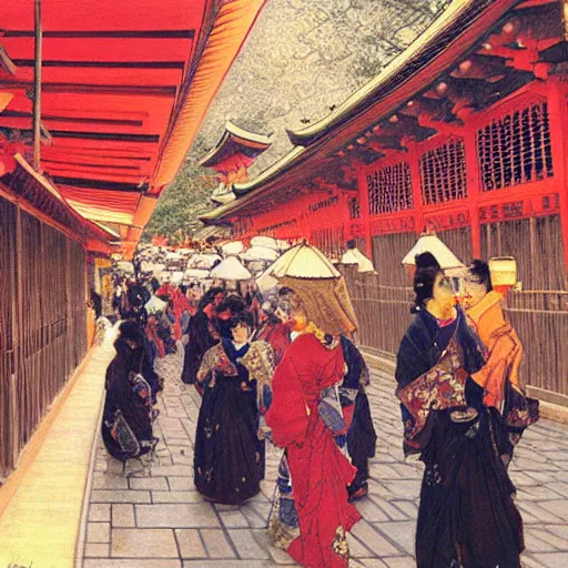 Image similar to a beautiful painting of the lantern festival in old kyoto, by james gurney, donato giancola, and john williams waterhouse