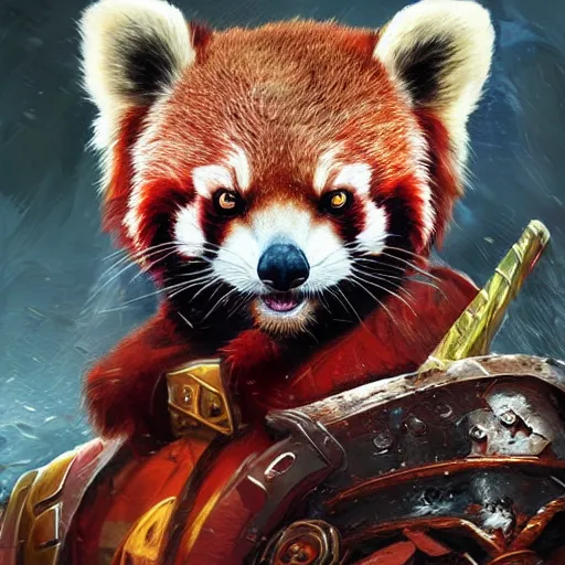 Image similar to red panda as warhammer character, digital illustration portrait design, by android jones and greg rutkowski, retrowave color scheme, detailed, cinematic lighting, wide angle action dynamic portrait