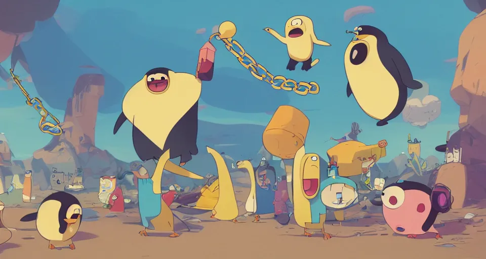 Prompt: cartoon penguins in speedos, wearing gold chains, partying, in the style of adventure time, the amazing world of gumball, pixar, toki doki, greg rutkowski and makoto shinkai, trending on artstation