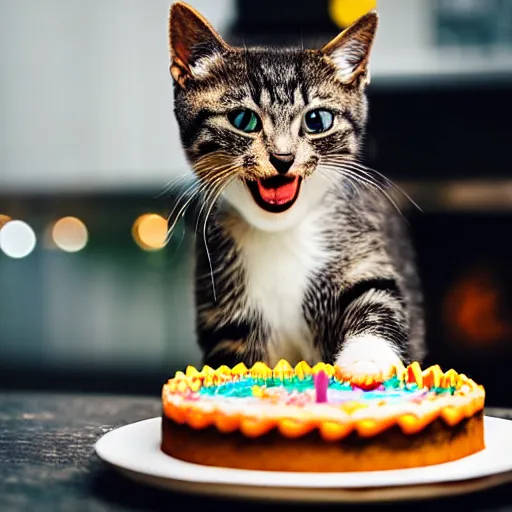 Prompt: photo of a cute happy cat celebrating his birthday with a cake. highly - detailed, sharp focus, award - winning
