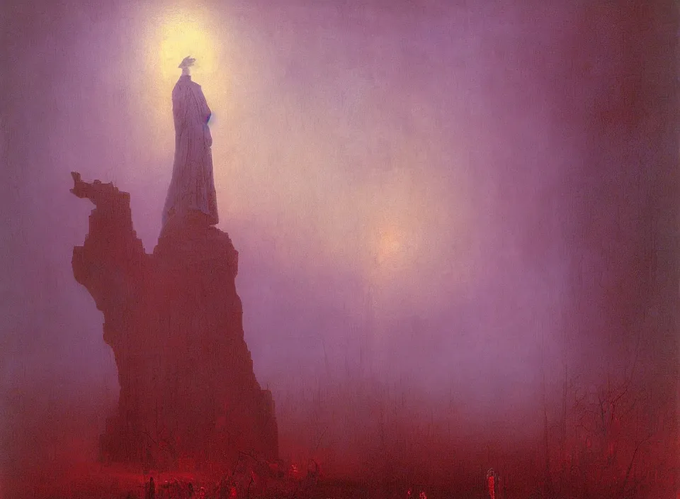 Image similar to the blind liberty of the few, red and purple palette, volume light, fog, by caspar david friedrich by ( h. r. giger ) and paul lehr