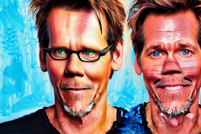 Prompt: a painting bacon with kevin bacon's face, 8 k, cinematic, movie still