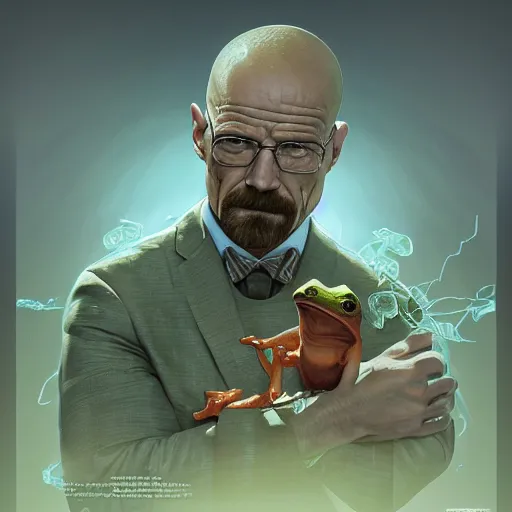 Image similar to a frog and walter white, intricate, highly detailed, digital painting, artstation, concept art, smooth, sharp focus, illustration, unreal engine 5, 8 k, art by artgerm and greg rutkowski and alphonse mucha