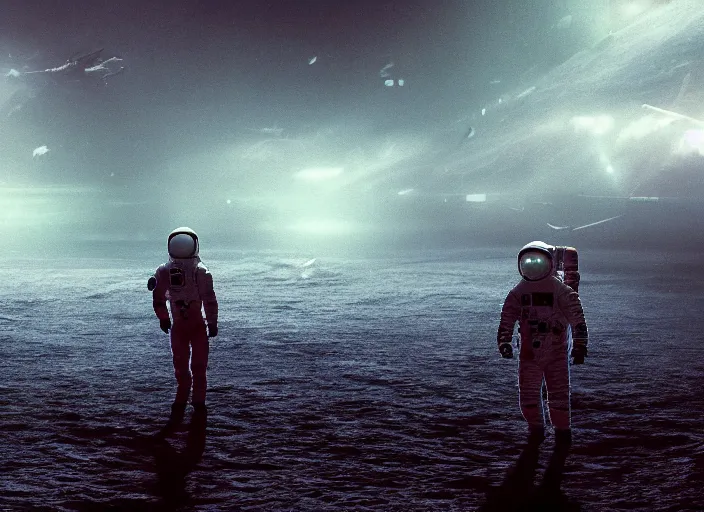 Prompt: astronaut grabbing a flag in an underwater desert. a submarine is visible in the distance. dark, concept art, cinematic, dramatic, atmospheric, 8 k, trending on artstation, blue, fish, low visibility, light rays, extremely coherent, bubbles, fog, ocean floor, christopher nolan, interstellar