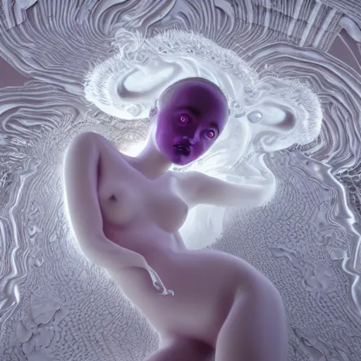 Prompt: 3 d pyro liquid simulation render, octane render, xparticles,, female bodies, intricate details, female body covered in white blanket, white carved abstract sculpture, amethyst mineral quartz, swirly curls, abstract white fluid, golden edges and fractals, wasili kandinski, artstation, render, cinema 4 d, art noveau fresco