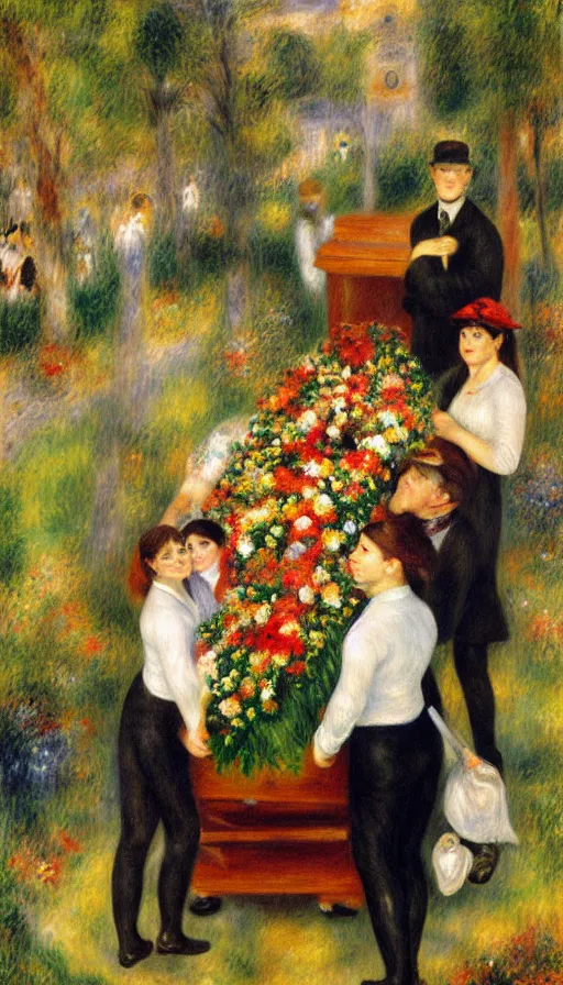 Prompt: a oil painting a group of people stand around a coffin in flowers, by renoir