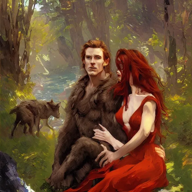 Prompt: book cover for a werewolf and red headed woman love story, portrait, elegant, intricate, digital painting, artstation, concept art, smooth, sharp focus, illustration, art by konstantin korovin and daniel f. gerhartz and john howe