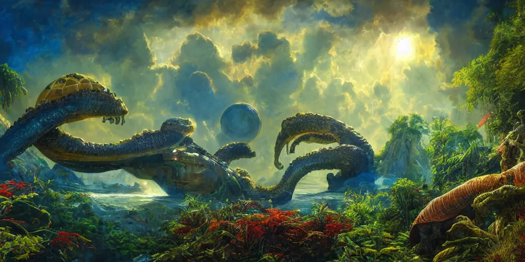 Image similar to fantasy oil painting, klattu's spacecraft, outer worlds, great leviathan, turtle cephalopod terrapin reptilian pachyderm amphibian hybrid, rainforest mountains, lush plants flowers, epic natural light, bright clouds, luminous sky, bright cinematic key lighting, michael cheval, michael whelan, vray, 8 k hd