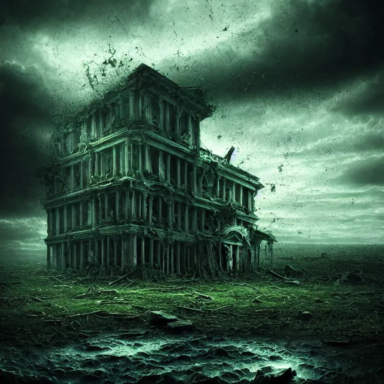 Prompt: surreal abandoned ribbed broken dripping pc monitor wreck, dark clouds, dark green tint, surreal abandoned buildings, dream-like heavy atmosphere, baroque painting, beautiful detailed intricate insanely detailed octane render trending on Artstation, 8K artistic photography, photorealistic, dramatic volumetric cinematic perfect light, chiaroscuro, award-winning photograph, masterpiece, Raphael, Caravaggio, Beksinski, Giger