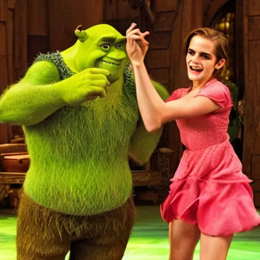 Prompt: Emma Watson dancing with shrek