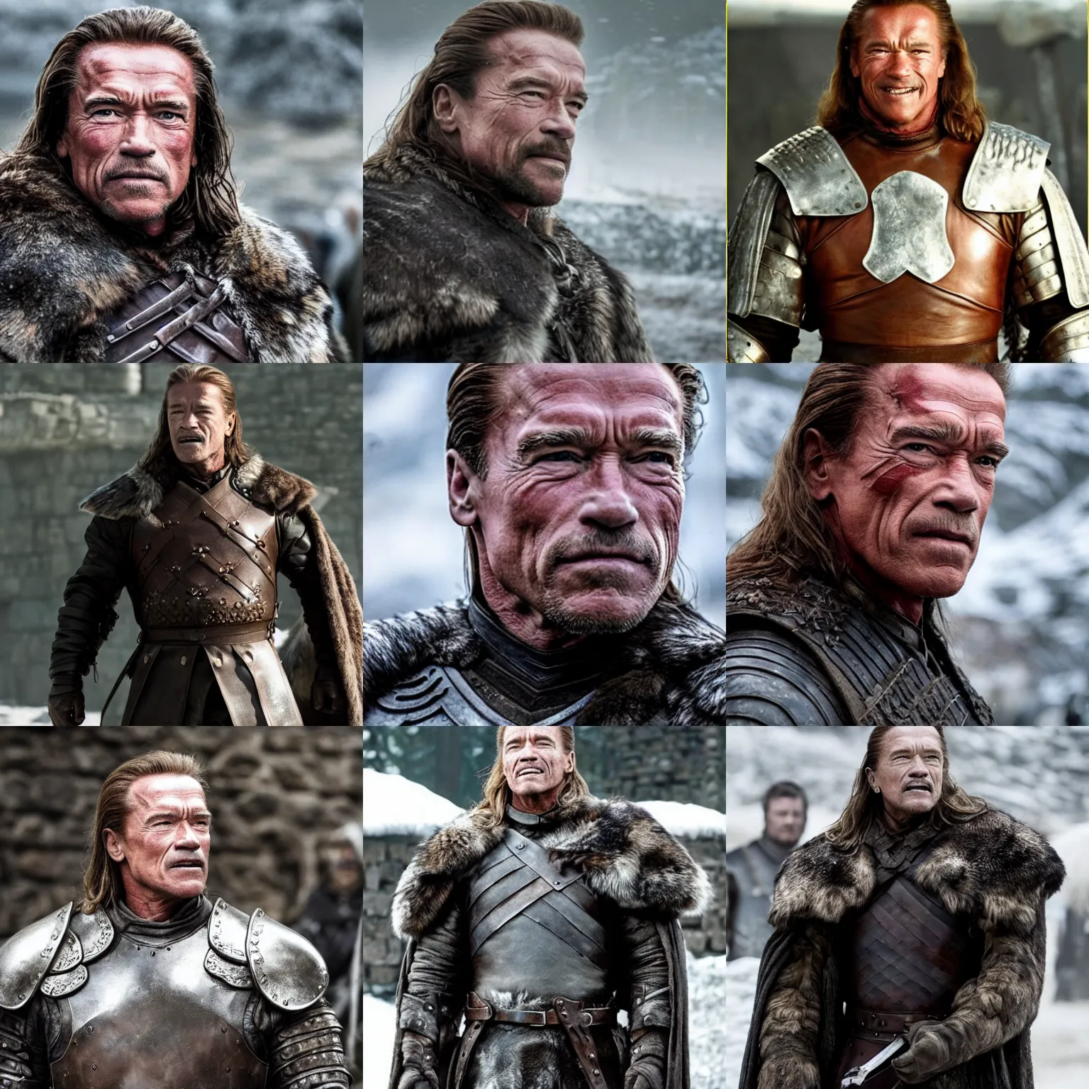 Prompt: arnold schwarzenegger as ned stark in have if thrones