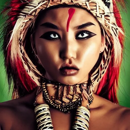 Image similar to hot tribal warrior cute girl big eyes pouty lips tanned skin white hair