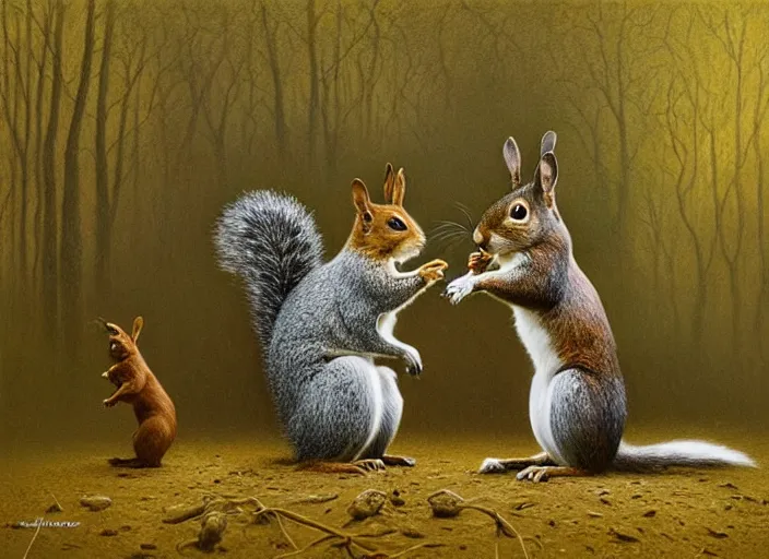 Prompt: photo, a squirrel fighting a rabbit, woodland location, stefan kostic and david cronenberg, realistic, sharp focus, 8 k high definition, intricate, chiaroscuro, elegant, perfect faces, symmetrical face, extremely detailed, hypnotic eyes, realistic, fantasy art, masterpiece zdzislaw beksinski, national geographic, artgerm