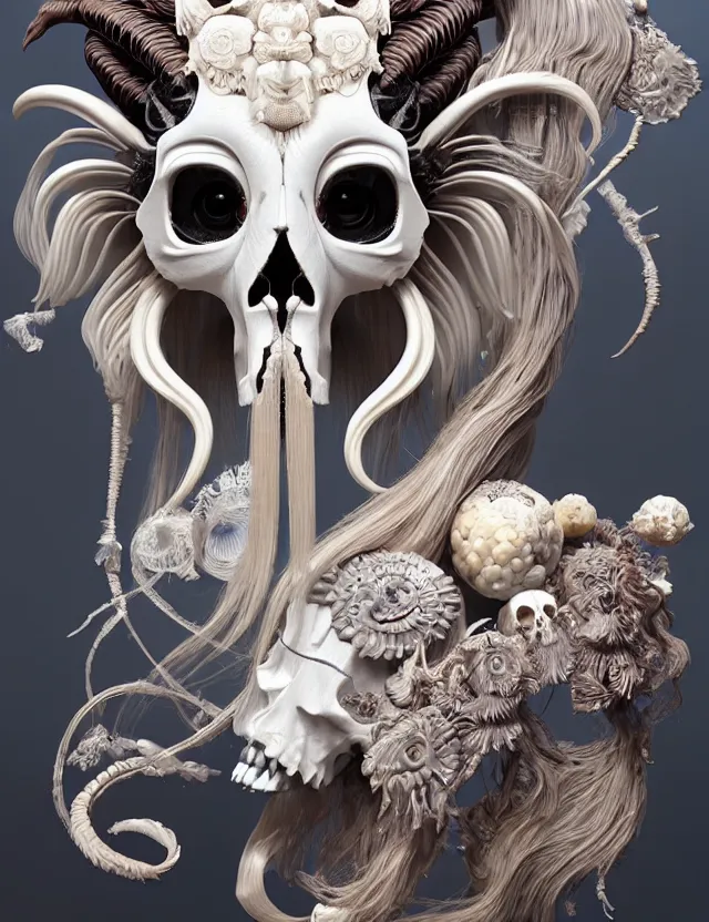 Image similar to 3 d goddess ram skull half - turn portrait with long hair with ram skull. beautiful intricately detailed japanese crow kitsune mask and clasical japanese kimono. betta fish, jellyfish phoenix, bio luminescent, plasma, ice, water, wind, creature, artwork by tooth wu and wlop and beeple and greg rutkowski