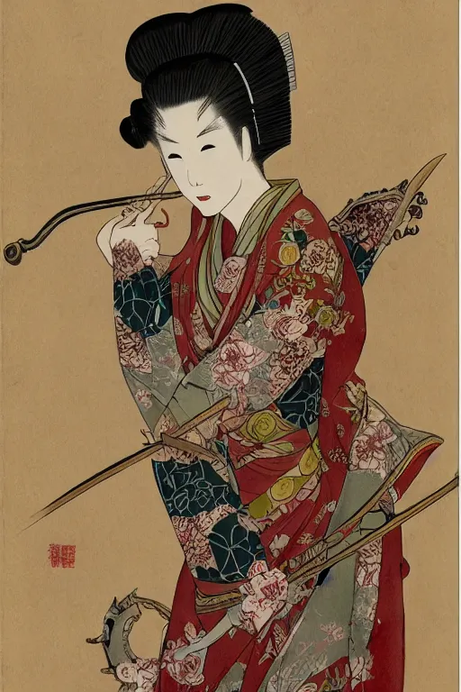 Image similar to full - bodied portrait, female changeling wearing rose - patterned eastern light armor, wielding a halberd with intricate decorations, sandals, barefoot, geisha mask, realistic proportions, reasonable fantasy, east asian fantasy.