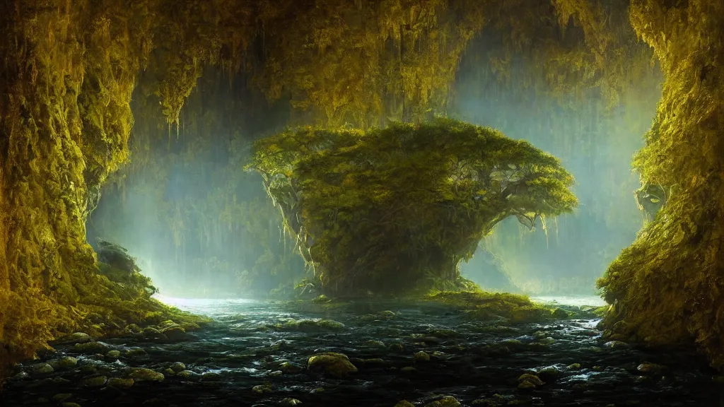 Image similar to A beautiful, highly detailed, very realistic oil painting of a single tree with lots of golden and bright glowing green leaves, next to a small river made of pure gold in the middle of a huge, very dark cave, with lots of dark grey rocks, oil painting by Greg Rutkowski.
