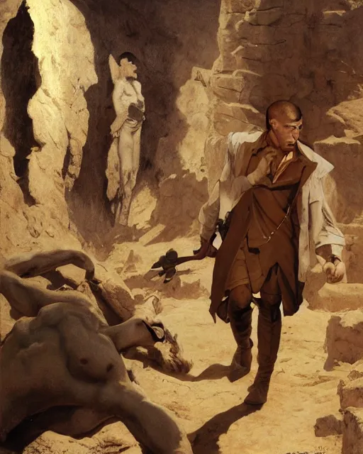 Image similar to doc savage in an egyptian tomb wearing jodhpers and knee high boots and no hat, fantasy character portrait, ultra realistic, concept art, intricate details, highly detailed by soft light, volumetric light, misty, william adolphe bouguereau, munch, maxfield parrish, james bama, and frank frazetta