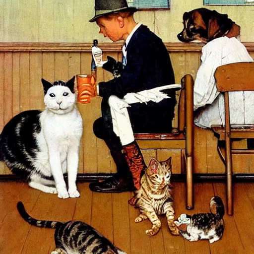 Image similar to norman rockwell painting of cats and dogs drinking beer