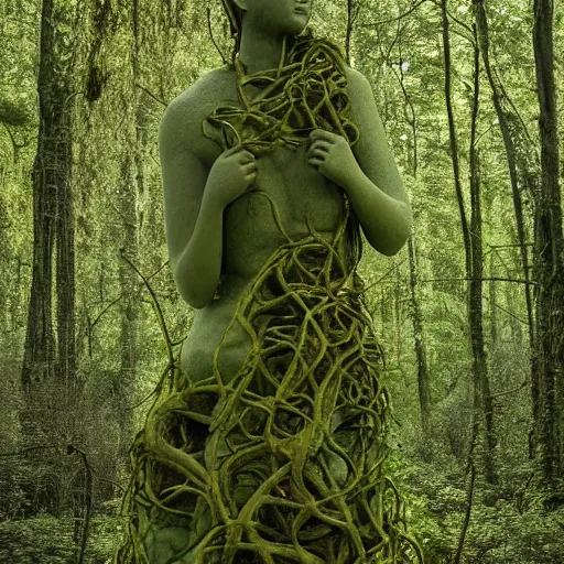 Image similar to A stone statue of a woman covered in vines and moss, hidden in the forest, absurdist art, trees