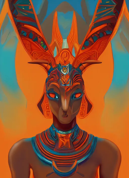 Image similar to Detailed symmetrical digital painting of Female Anubis wearing short Golden Clothing. orange and teal color palette, trending on Artstation