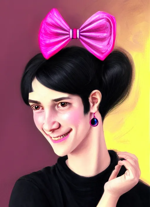 Image similar to portrait of high school girl, realistic, black hair, bangs, half updo hairstyle, pointy nose, skinny, smile, ugly, defined jawline, big chin, pink hair bow, earrings, intricate, elegant, glowing lights, highly detailed, digital painting, artstation, sharp focus, illustration, art by wlop, mars ravelo and greg rutkowski