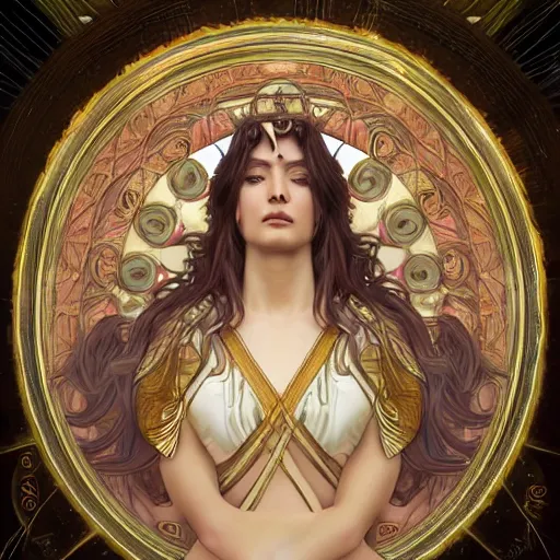 Image similar to Roman Goddess Queen by WLOP, symmetrical face, symmetrical body, artgerm, flowing hair, portrait, muted colors, artstation, character concept art, border and embellishments inspiried by alphonse mucha, fractals in the background, galaxy,