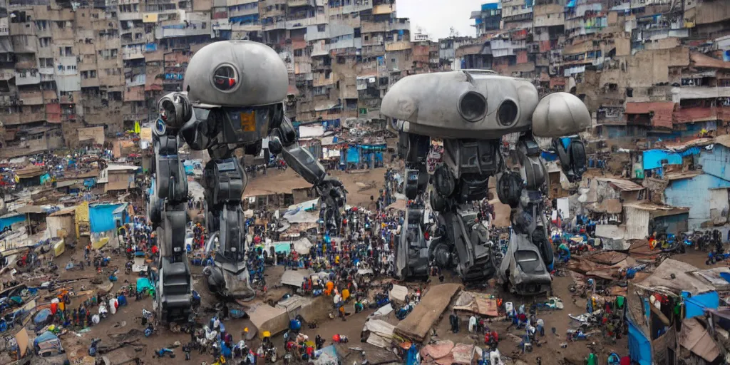 Image similar to giant mecha ROBOT of AJEGUNLE SLUMS of Lagos, writing on robot,