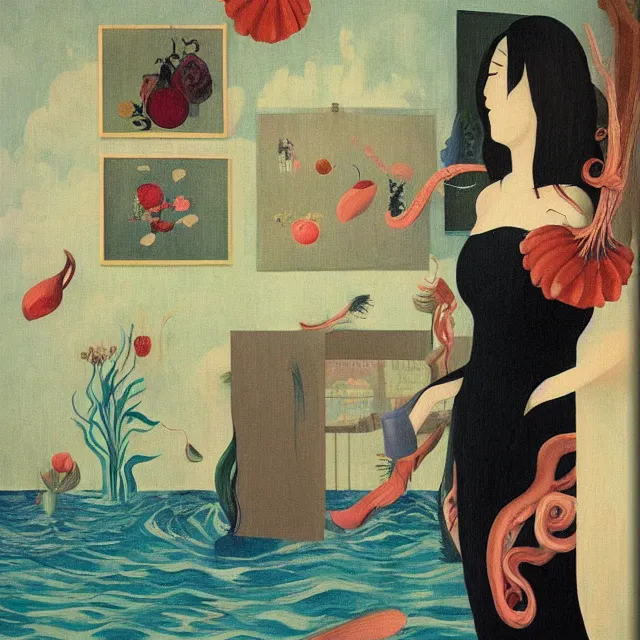 Image similar to female emo art student in her apartment, painting of flood waters inside an artist's feminine bedroom, a river flooding indoors, pomegranates, pigs, ikebana, water, octopus, river, rapids, waterfall, black swans, canoe, berries, zen, acrylic on canvas, surrealist, by magritte and monet