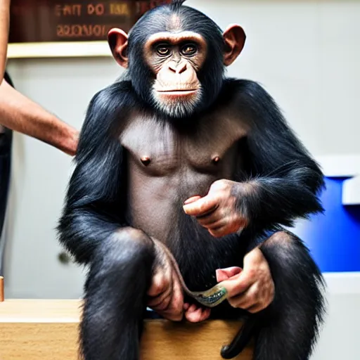 Image similar to chimpanzee getting a haircut at the barber, realistic, cute, photogenic, well lit