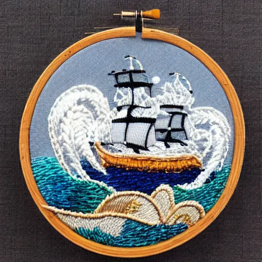 Prompt: a tiny beautiful handmade embroidery of a pirate ship sinking into a stormy ocean. hand embroidery.