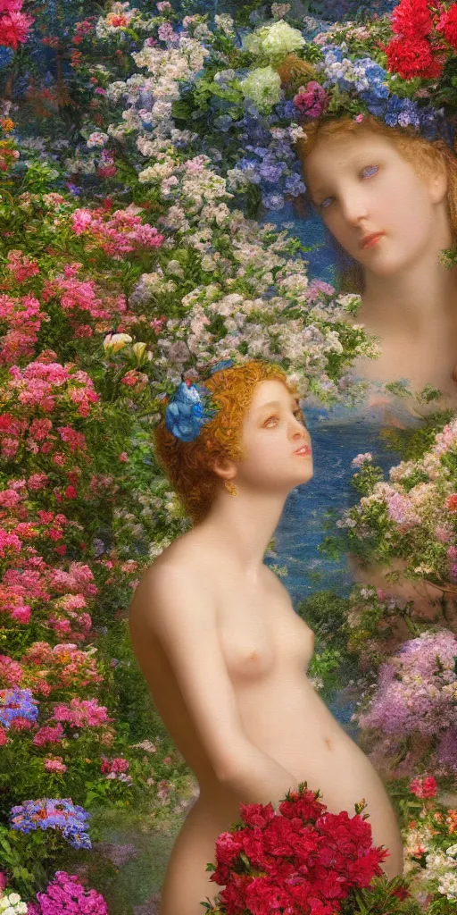 Image similar to high definition, digital, hyperreal, 2 k, tilt - shift, aphrodite, goddess of love, surrounded by flowers, in the style of a painting