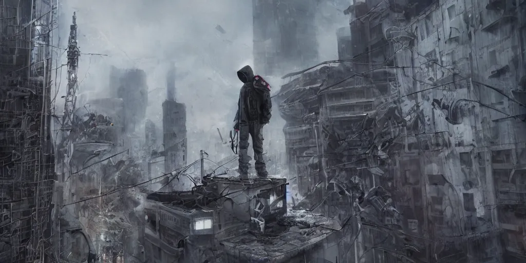 Image similar to cinematic shots of teenagers with tactical clothing and hoods hanging from wires on top of the capitol building covered with giant graffitis, dystopian future, industries in ruins, sci - fi, night lights, haze, concept art, intricate, in the style of katsuhiro otomo, akira, unreal engine