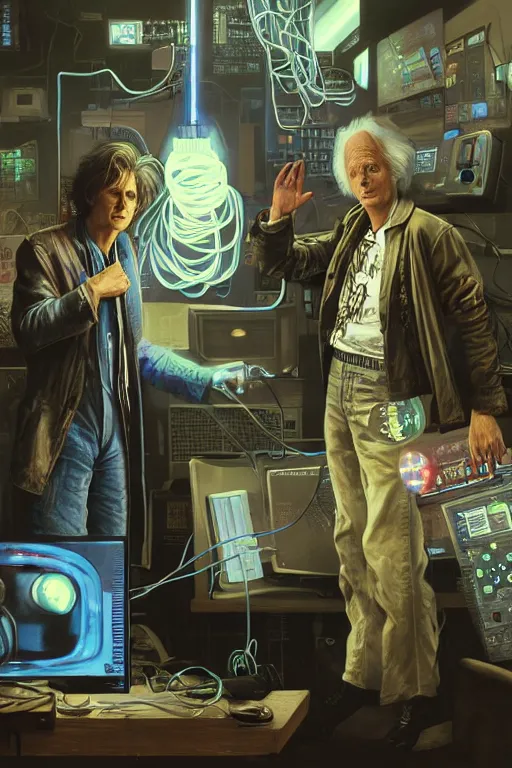 Prompt: hyperrealist portrait of marty mcfly and doc emmett brown, it is decorated with long wires and computer monitors in the cyberpunk office background. by jeremy mann and alphonse mucha, fantasy art, photo realistic, dynamic lighting, artstation, poster, volumetric lighting, very detailed faces, 8 k, award winning