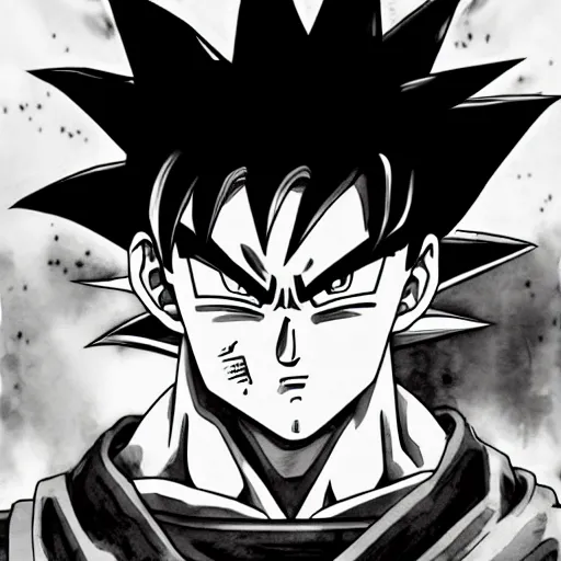 Prompt: Goku Portrait, ultra wide angle, B/W Manga, metal gear ilustration style, watercolor effect, beautiful scene, Poster style, Very Epic, highly detailed, Trend on artstation, Digital 2D
