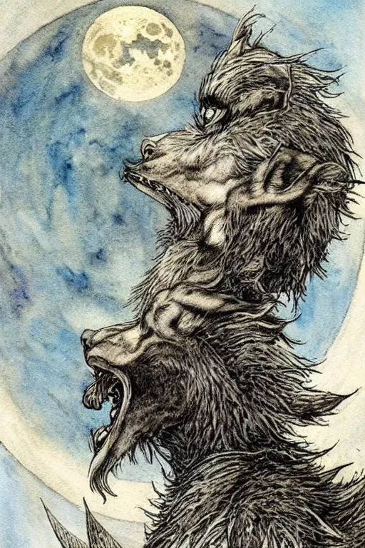 Prompt: crynos werewolf howling at the moon, art by luis royo and walter crane and kay nielsen, watercolor illustration, ultra sharp focus, wot