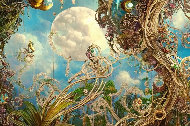 Image similar to a huge flock of many ornate intricate puffy filigreed clouds tangled into large whirling ultra detailed crystal specimens, art nouveau jungle environment, playful, award winning art, epic dreamlike fantasy landscape, ultra realistic,