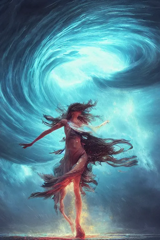 Prompt: a fractal dancer in a tornado emerges from a stormy sea by artgem and greg rutkowski, highly detailed, vivid colors, trippy, nebula, trending on artstation