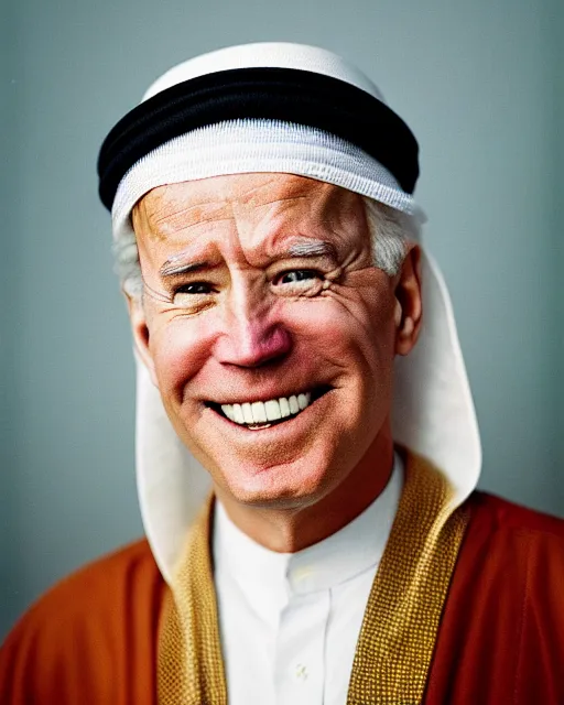 Prompt: a photo of joe biden as a muslim sheikh from the middle east, smiling, portrait, ektachrome, closeup, f / 2. 8