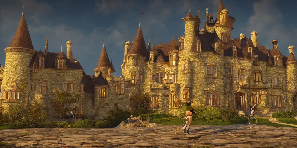 Image similar to a photographic picture of a small man in front of a huge luxurious castle, photographic filter, unreal engine 5, realistic, hyperdetailed, 8 k, cinematic, volumetric lighting, very realistic effect, hd, hdr, 4 k, sharp focus, octane render, ultra detailed, high resolution, trending on artstation in the style of albert dros glowing rich colors powerful imagery