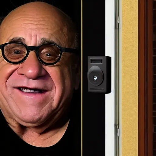 Image similar to doorbell camera footage of danny devito, night shot, 4 k