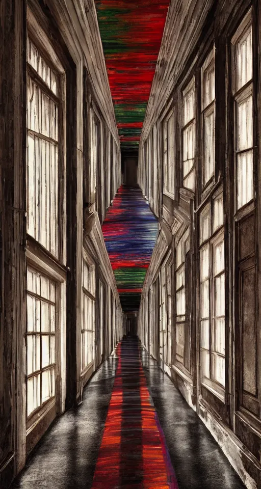 Image similar to a long colorful asylum hallway, one point perspective, vanishing point, symmetrical composition, rich colors, dramatic lighting, by lee madgwick, photorealistic, v - ray render 8 k uhd