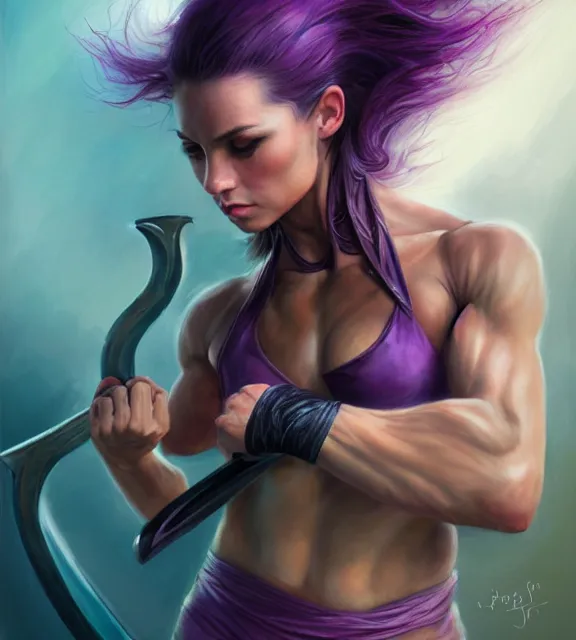 Prompt: muscular female dancer holding giant sword, perfect face, diadem, black halter top, purple hair, abs, cinematic, blush, stunning, athletic, strong, agile, highly detailed, psychedelic, digital painting, artstation, smooth, hard focus, illustration, art by jessica rossier and and brian froud