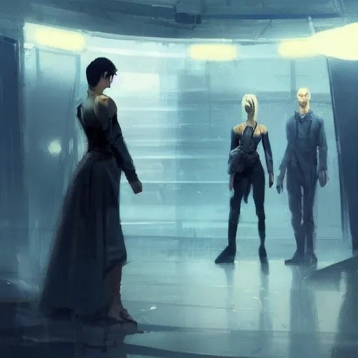 Image similar to concept art by greg rutkowski, a very tall, and slender woman with blond hair, talking with a very tall and slender mand with short black hair, brutalist futuristic interior, dark lighting atmosphere, detailed portraits, nostalgic atmosphere, scifi, digital painting, artstation, concept art, smooth, sharp foccus ilustration, artstation hq