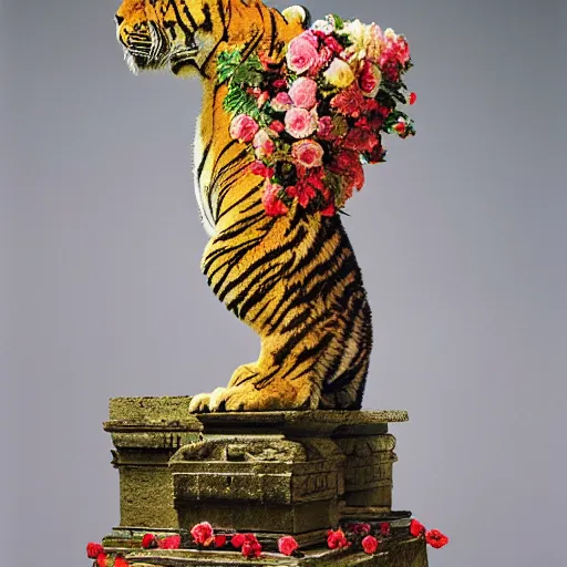 Image similar to a statue of a tiger [ made of [ roses ]!! ], [ 4 k photorealism ]!!, shot by jimmy nelson, irving penn, peter kemp, hans bellmer, and slim aarons