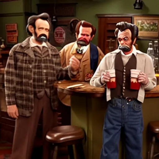 Prompt: The It's Always Sunny in Philadelphia episode where the gang meets Abe Lincoln Dee is there with Mac and so is Dennis they are at the bar, photo realistic, studio lighting