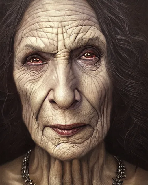 Prompt: Portrait of gal gadot as a wicked 100 year old witch, old wrinkled gal gadot by Tomasz Alen Kopera, masterpiece