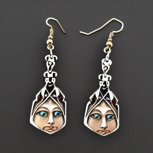 Image similar to hyperrealistic artnouveau style earrings with the face of a cat - like woman in atlantis